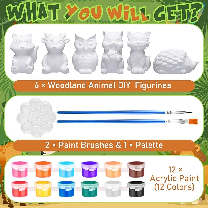 Gemscream 6 Sets Animal Painting Craft Kits Wild Animal Ceramics to Paint Safari Ceramics Ready to Paint for Activities Figurines Art Supplies Gifts(Woodland)