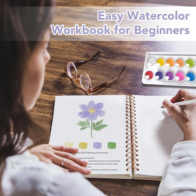 Easy Watercolor Workbook for Beginners - 12 Beautiful Step-by-Step Paintings Water Coloring Book, Includes 16 Colors Paints, Relaxing Art Projects and Creative Gift for Adults & Teen (Flowers)