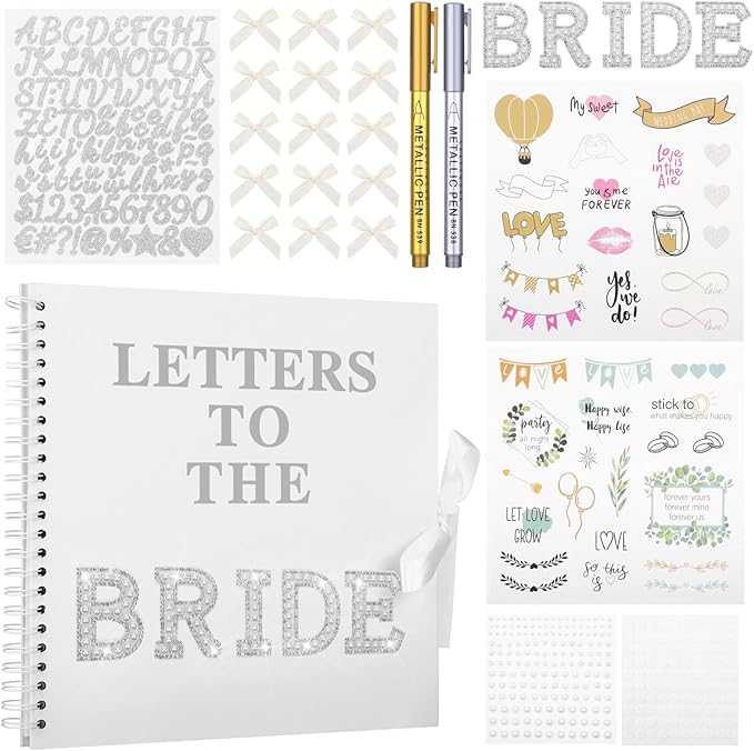 Wukfuiui Letters to The Bride Scrapbook 8 x 8 Inch Wedding Photo Album Kit DIY Guest Book for Bride with Metallic Pens Pearl Stickers Bows Memory Book with Thick Paper for Letters, Bridal Shower Gifts