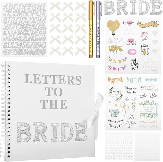 Wukfuiui Letters to The Bride Scrapbook 8 x 8 Inch Wedding Photo Album Kit DIY Guest Book for Bride with Metallic Pens Pearl Stickers Bows Memory Book with Thick Paper for Letters, Bridal Shower Gifts
