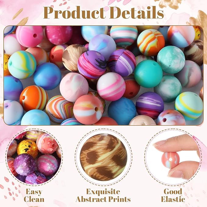 Ferreve 120 Pcs 15mm Silicone Beads Bulk Flower Silicone Beads Floral Print Rubber DIY Bracelet Making Kit for Keychain Making Pens Necklace Jewelry(Stylish)