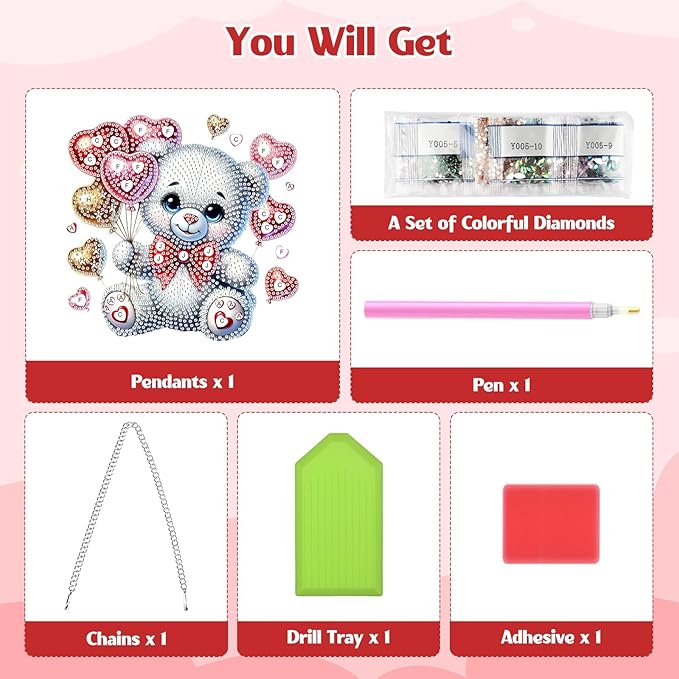 GHHKUD Bear Diamond Art Hanging Kit for Adults, DIY Double Sided Diamond Painting Hanging Valentines Kits Adults, Special Shaped Acrylic Ornaments Pendants for Window Home Garden Wall