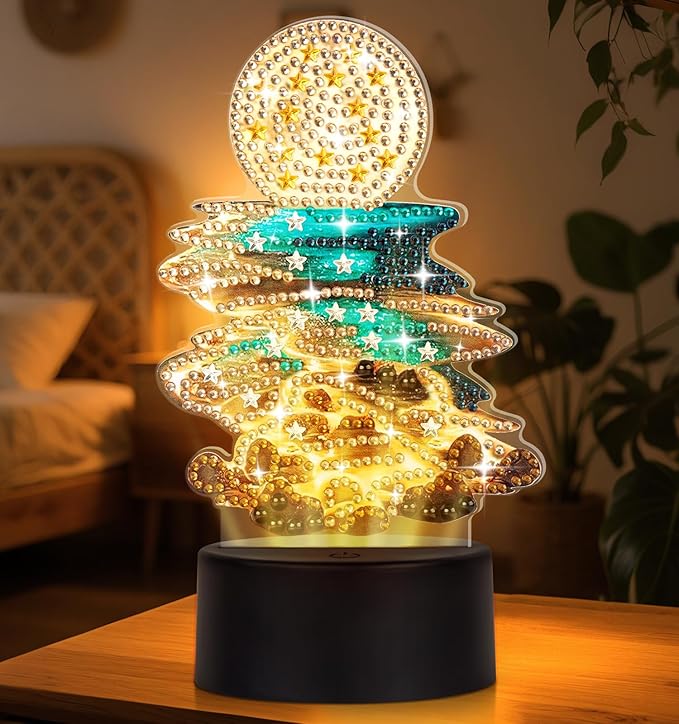 Diamond Painting Night Light, Diamond Painting Kits For Adults Desktop Ornaments For Table Tabletop Decor Diamond Art Accessories For Adult Beginner Touch Lamp for Bedrooms Living Room-Moonlight Beach