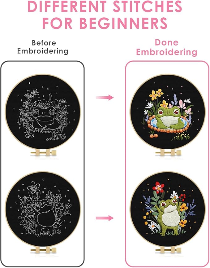 TINDTOP 2 Pack Embroidery Kit for Adult, Embroidery DIY Starter Kit, with Stamped Patterns, Hoop, Tools, Colorful Threads with Needles, Instructions (Frog)