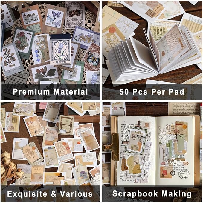 6 Sets 300 Pcs Washi Stickers Book, Vintage Aesthetic Sticker Set for Journaling Scrapbook Decoration Bullet Journal,Stamps Flowers Ticket Theme Stickers for Art Diary Craft Planner