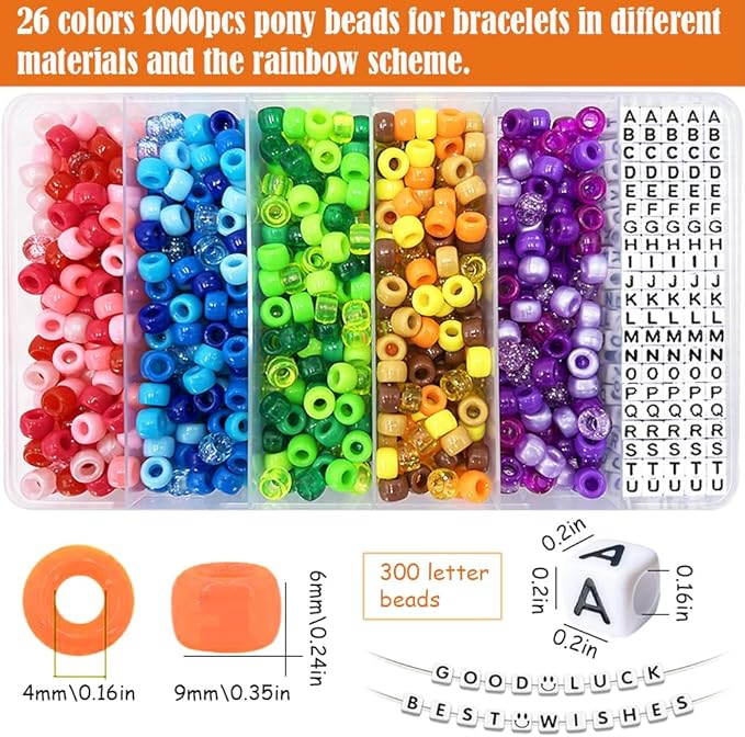 MIIIM 1300 Pcs Pony Beads Kit for Friendship Bracelet, 27 Styles Kandi Bracelet Kit in Box with Individual Compartments, Hair Beads for Braids, Letters (Rainbow)