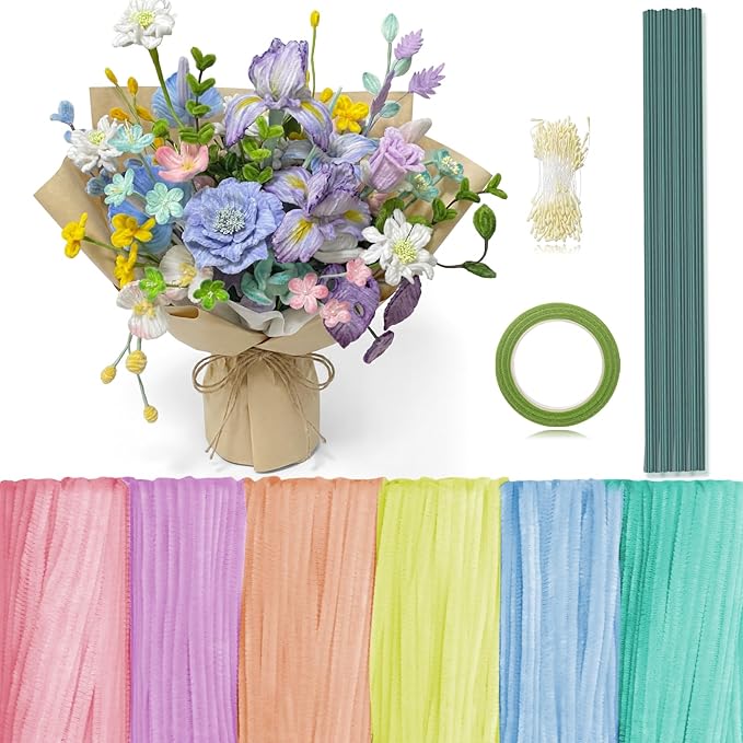 Peryiter 371 Pipe Cleaners Flowers Set, Mixed Colors Chenille Stems Bulk with Floral Wires, Gardening Tape, Stamen for DIY Flower Making Kit, Gift Idea for Mother's Day(Macaron Color)