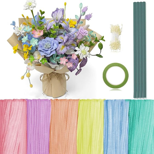 Peryiter 371 Pipe Cleaners Flowers Set, Mixed Colors Chenille Stems Bulk with Floral Wires, Gardening Tape, Stamen for DIY Flower Making Kit, Gift Idea for Mother's Day(Macaron Color)