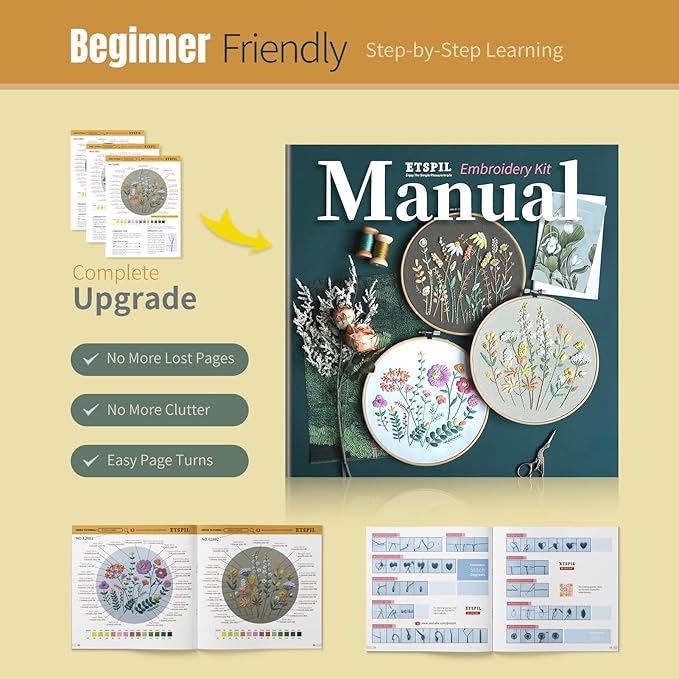 ETSPIL 3 Pack Beginner Embroidery Kits for Adults, DIY Starter Set with Stamped Flower Designs, Embroidery Hoop, Colorful Threads, Tools, Step-by-Step Instructions & Video Tutorial