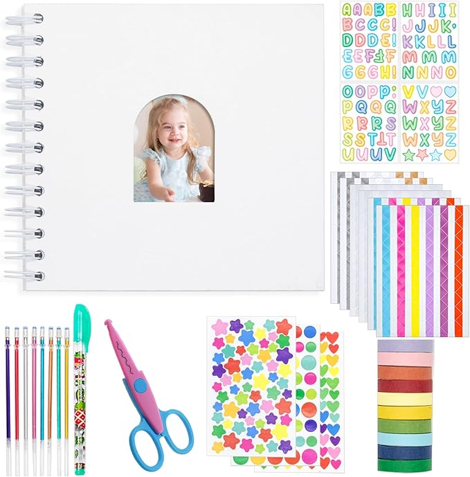 Kid Scrapbook DIY Photo Album Hard Cover Scrapbook Kit for Kids Instant Camera Print Paper with DIY Accessories (White)