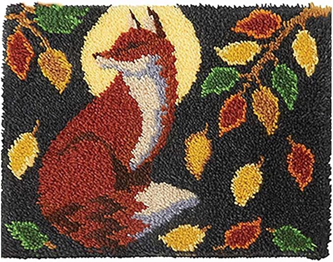 PakyKai Latch Hook Kits for Adults,Color Printed Fox DIY Hook Rug Carpet Needlework Tapestry Kits for Home Decors Festival Gift,52x38cm