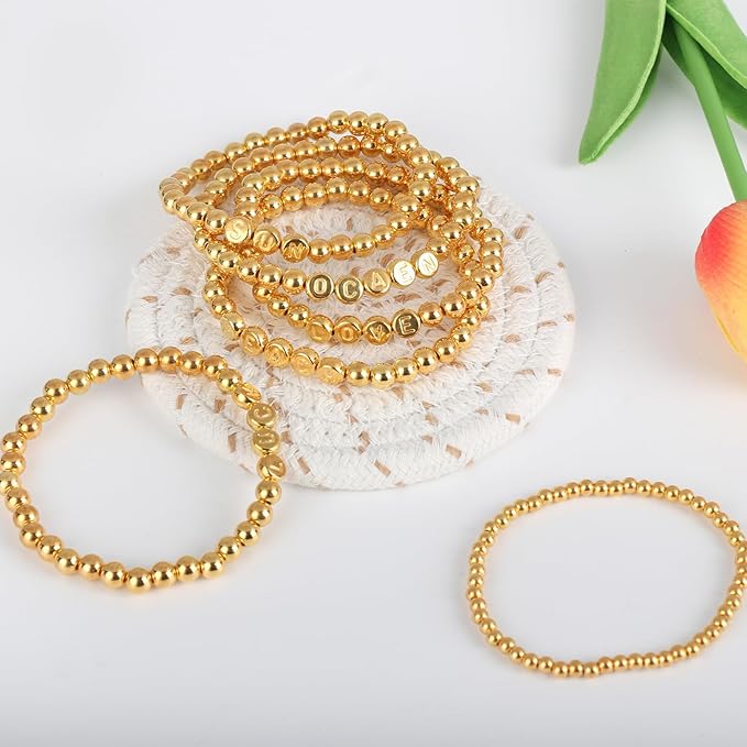 Hpebl 2240PCS Smooth Round Gold Beads for Bracelet Making Kits 4MM/6MM Jewelry Making Supplies Gold Letter Beads for Jewelry Making Kit with 2PCS Crystal String 1PCS Scissors