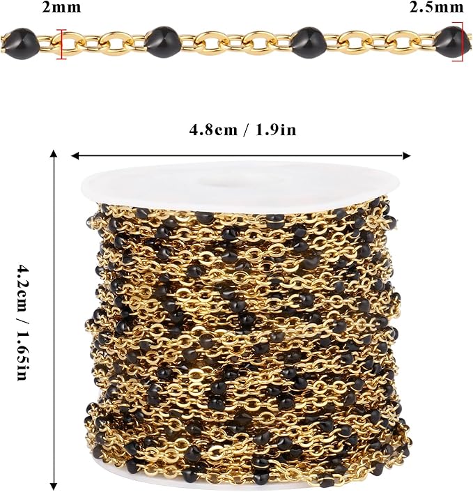 33 Feet Gold Enamel Chains Bulk, 2mm 18K Gold PVD Plated 304 Stainless Steel Black Enamel Beaded Cable Link Chain Roll Spool for Jewelry Making