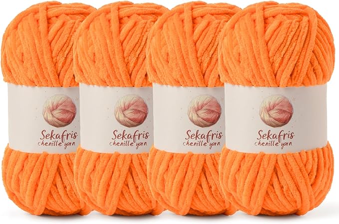 4 Pack Chunky Chenille Yarn for Crocheting, Baby Yarn for Crocheting Soft Blanket, 349.9 yds /14.1 oz Crochet Yarn, Bulky 5 Amigurumi Yarns, Fluffy Velvet Yarns for Knitting Crafts (4 Orange)