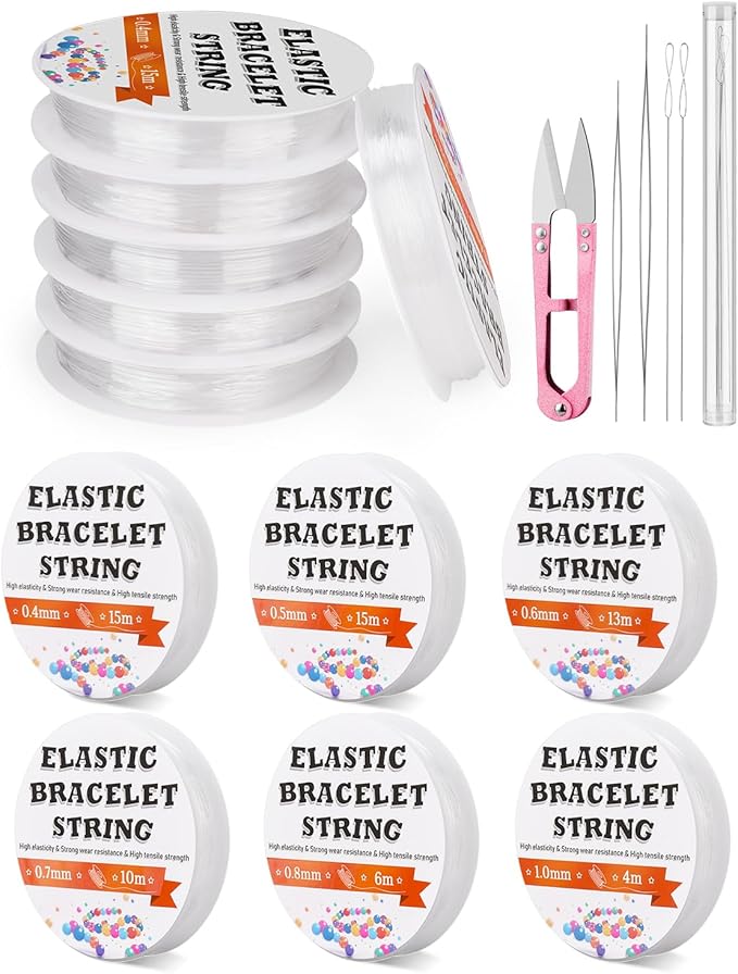 JUPEAN 6 Sizes Stretchy Bracelet String Elastic String for Bracelet Making Jewelry Making Supplies Easy to Knot with Jewelry Making Supplies Beading Needles and Container for Storage