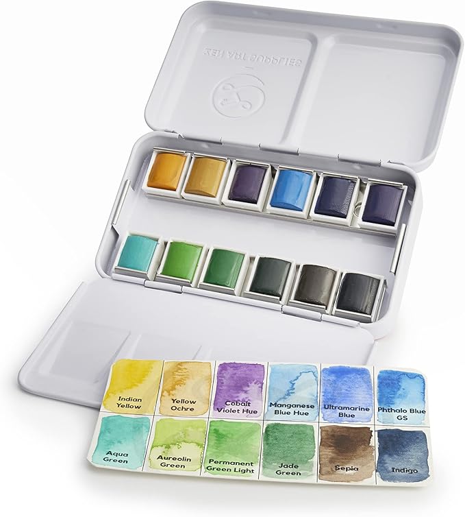 ZenArt Supplies Professional Watercolour Paint Set Vista - Non-Toxic 12 Half-Pan in Metal Tin Palette Portable Travel Vibrant Water Color, (SPN0022-PW12S-C)