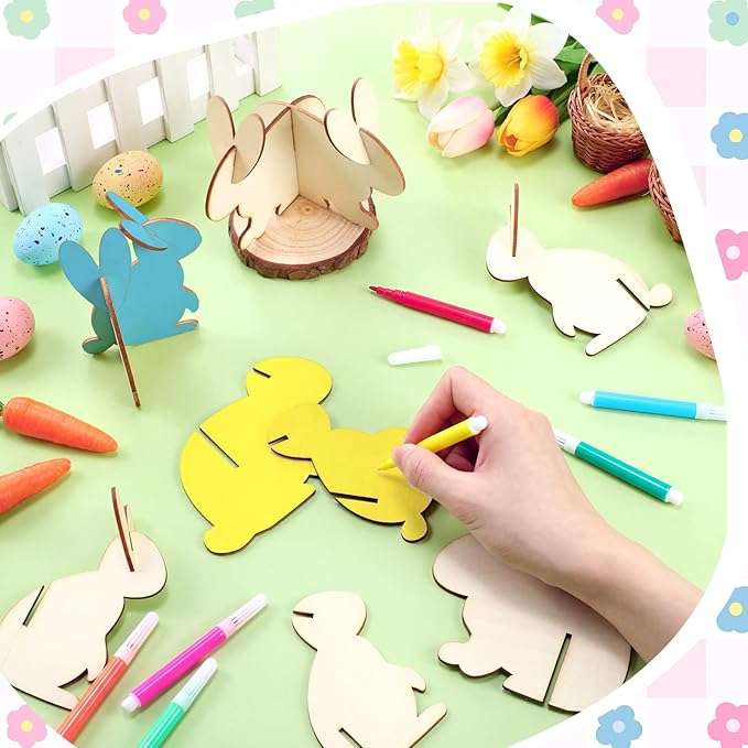 Blosssound 48 Pcs Easter Craft Set 36 Pcs 3D Wooden Bunny Cutouts Wood Unfinished Rabbit Slices to Paint with 12 Colored Markers for Easter Spring Crafts DIY Handmade Table Tiered Tray Decor
