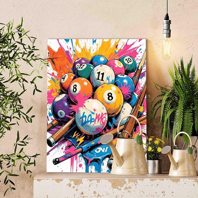 Aihonmin Pool Ball Sports Paint by Numbers Kit for Adults Beginners Colorful Graffiti DIY Digital Oil Painting Kits Acrylic Easy Paint Wall Hanging Game Room Decor Gifts 16x20 Inch (DIY Frame)