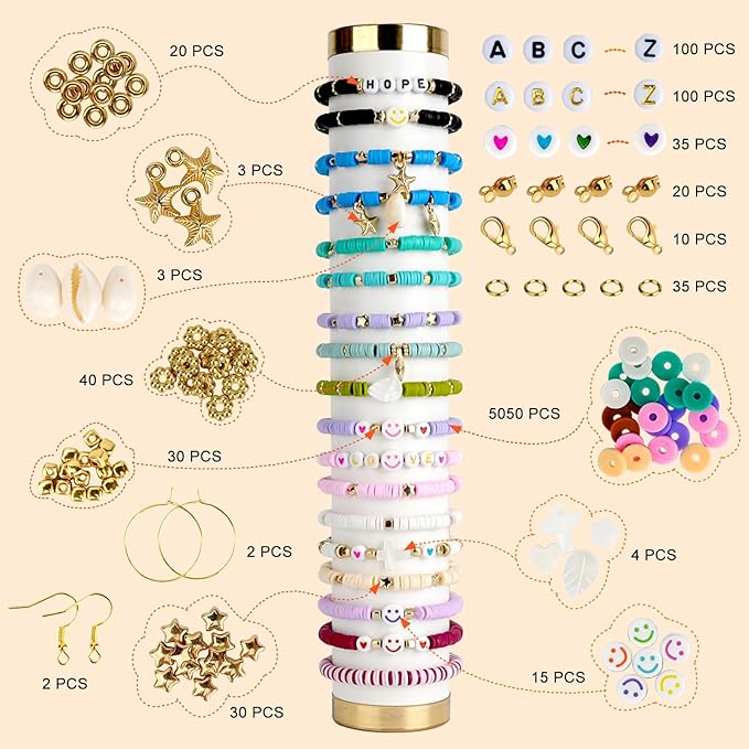 JQEEYGV 5500pcs Clay Beads Bracelet Making Kit 24 Colors Flat Preppy Beads for Friendship Bracelet kit with Letter Beads Jewelry Making Set for Beginners Gifts for Girls Ages 6-12