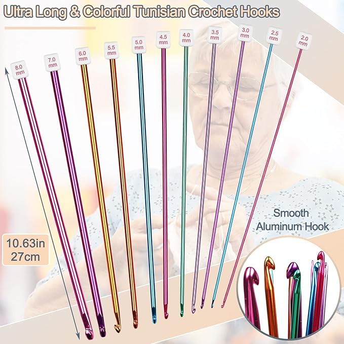 Coopay Long Crochet Hook Set, 11pcs Tunisian Multicolor Afghan Crochet Needles for Crocheting, 2mm(B)-8mm(L), Great Knitting & Crochet Supplies Tool for Beginner, Crocheter & Knitter