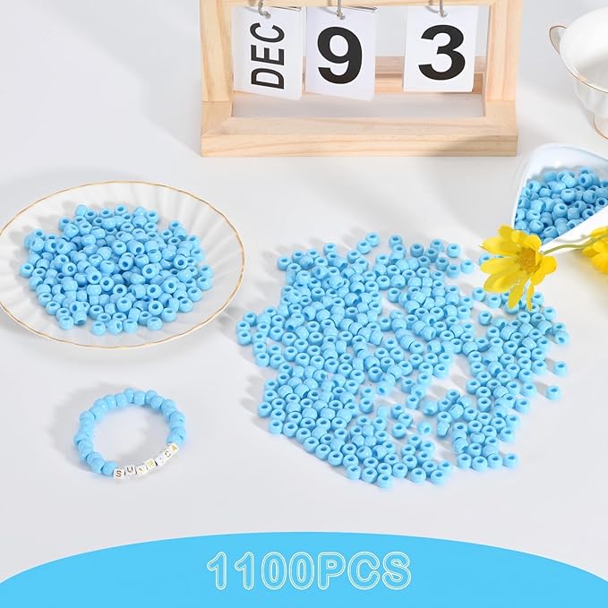sunrica 1100pcs light blue pony beads 6x9mm large hole plastic beads for kandi, hair braids, necklaces, friendship bracelets