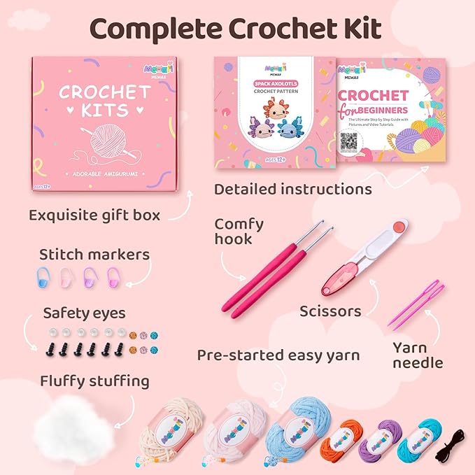 Mewaii Beginner Crochet Kit with 40% Extra Yarn, Pre-Started Yarn & Video Tutorials - 3 Axolotl Craft Set for Adults & Kids