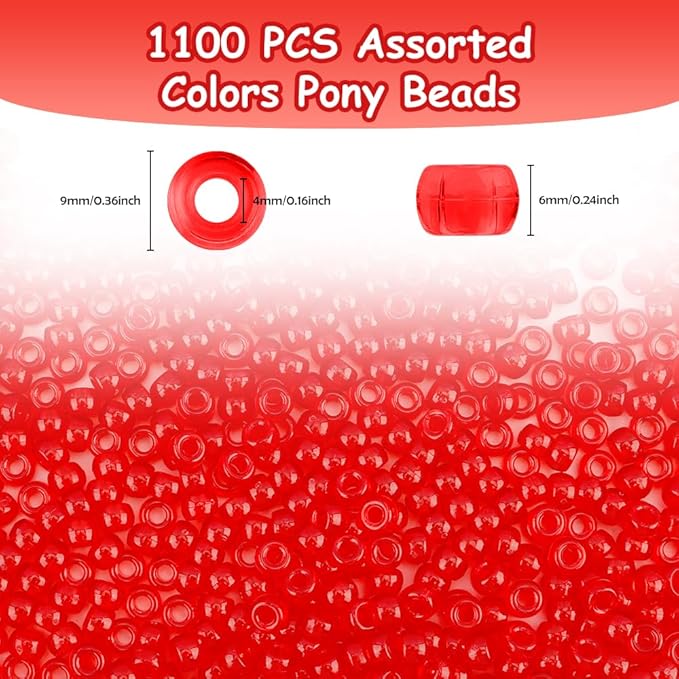 pony 1100 pcs plastic beads for crafts, hair beads for braids (trans-red)
