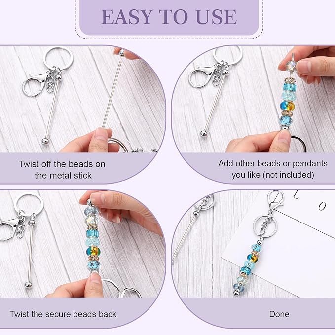 Tondiamo 24 Pcs Beadable Keychain Bars Bulk Beads for Keychain Making Kit Gifts for Women Men DIY Crafts(Silver)