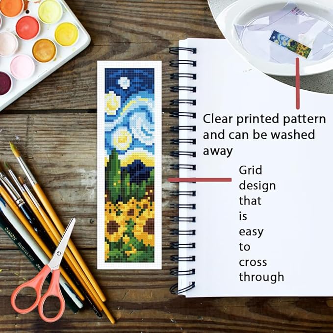 ORIGACH 6 Pcs Cross Stitch Bookmark Kit for Beginner Adults, Swirling Night Sky Stamped Embroidery Bookmark Kit with Instruction for Starters Printed Cross Stitch DIY Kits for Book Lovers