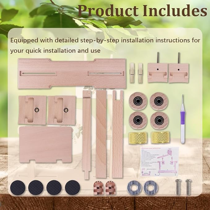 adjustable embroidery hoop stand,embroidery kit with 4pcs different size embroidery hoops,1 embroidery tool kit,1 pair of thimbles,wooden embroidery hoop holder for beginners.