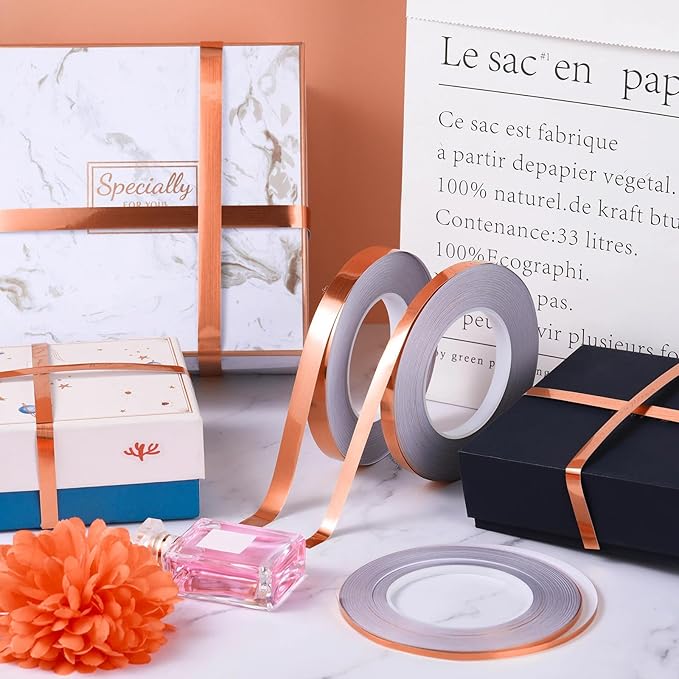 Zonon 3 Sizes Rose Gold Self Adhesive Polyester Film Tape Washi Tape for Car Furniture Graphic Arts Walls Decor, 55 yds(5/10/15mm)
