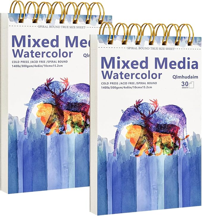2-Pack Watercolor Paper Pad 4" x6”(30 Sheets, 140lb/300g), Spiral - Bound with Tear - Line. A Small Watercolor pad and Artist-Grade Watercolor Book for Adults & Kids -Compact Travel Sketchbook