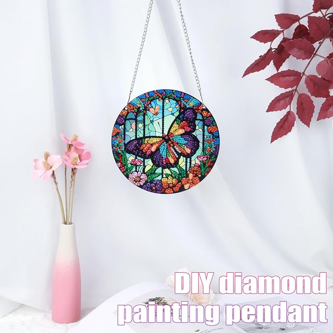 Tontut Hanging Decorations Diamond Painting Kits, Window Pendant DIY Butterfly Flower Diamond Painting, Special Shape Diamonds Art Home Wall Garden Window Decoration