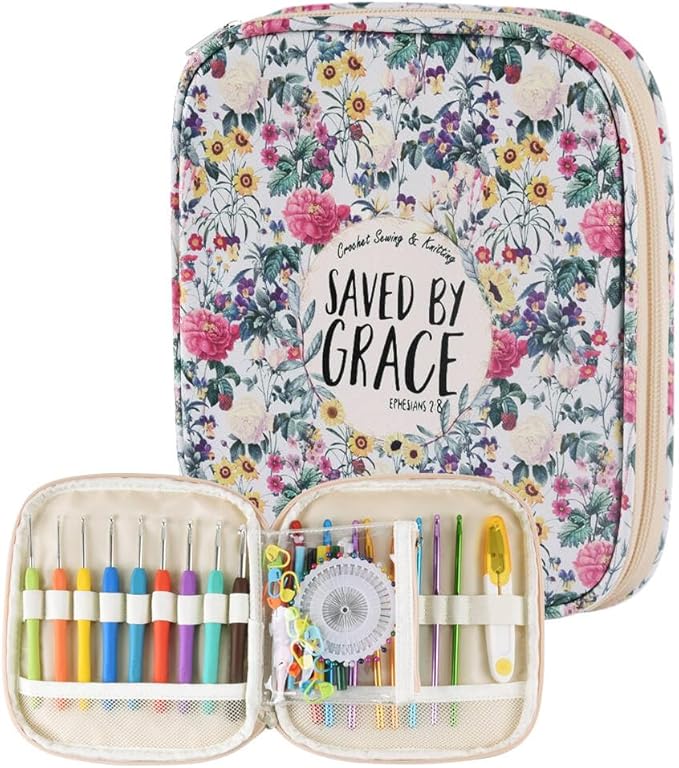 Crochet Hook Case,Portable Zipper Storage Organizer Bag for Crochet Hooks, Knitting Needles, Project & Sewing Supplies, Lightweight,Easy to Hold (No Accessories Included).Beige Flower Clusters