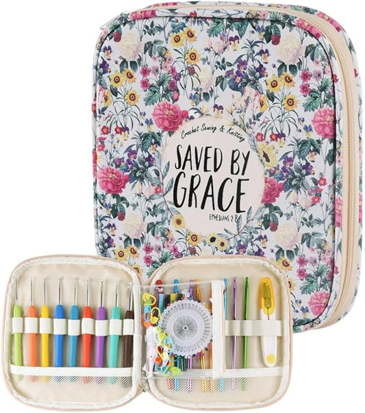 Crochet Hook Case,Portable Zipper Storage Organizer Bag for Crochet Hooks, Knitting Needles, Project & Sewing Supplies, Lightweight,Easy to Hold (No Accessories Included).Beige Flower Clusters