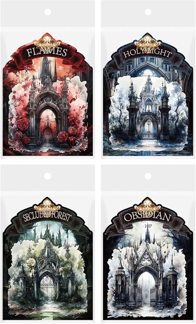 Doukado 40 Pieces Vintage Gothic Dark Landscape Creation Sticker Set, 4 Pack Aesthetic Gothic Gate Stickers for Scrapbooking, Journaling, Waterproof DIY Crafts and Junk Journal