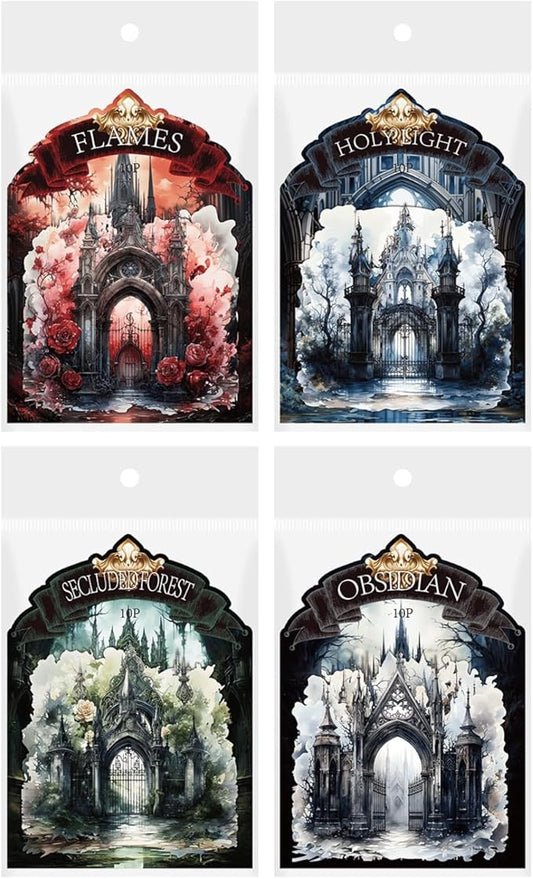Doukado 40 Pieces Vintage Gothic Dark Landscape Creation Sticker Set, 4 Pack Aesthetic Gothic Gate Stickers for Scrapbooking, Journaling, Waterproof DIY Crafts and Junk Journal