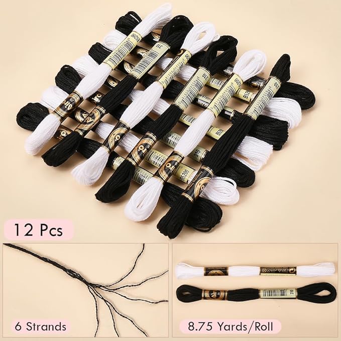 12 Skeins 105 Yards Black White Embroidery Floss Thread Bulk 6 Ply Cross Stitch Floss Variegated Friendship Bracelet String Threads for Jewelry Making Bracelet Knitting Stitch Craft Supply