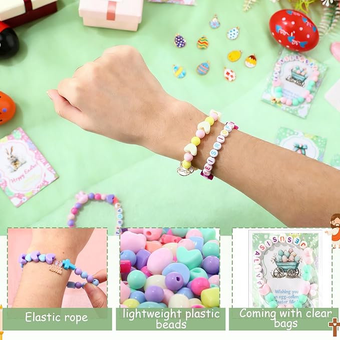 Chunful 1022 Pcs Easter Charms Beads Bracelet Jewelry Making Bunny Easter Egg Colorful Cross Pastel Alphabet Bead DIY Jewelry Craft Gift with Blessing Cards for Women Girls Kids Classroom Party Favors