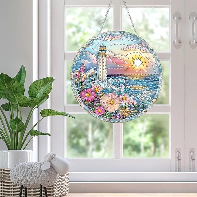 SKRYUIE Lighthouse Hanging Diamond Art Kits for Adults Pendant Suncatcher, Special Shaped Crystal DIY Pearl Diamond Painting Kit, Gift for Mother Spring Summer Window Wreath Decor 7.48 x 7.32 Inch A44