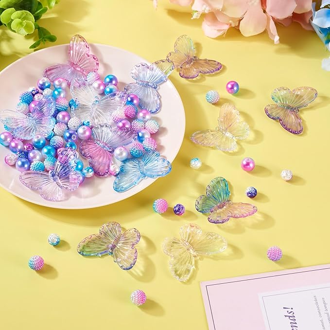 FASHEWELRY 100pcs Assorted Acrylic Beads - Cute Butterfly, Rose Flower, Kawaii Pink & Purple Acrylic Berry Beads Bulk for Bracelets & Necklaces Jewelry Making