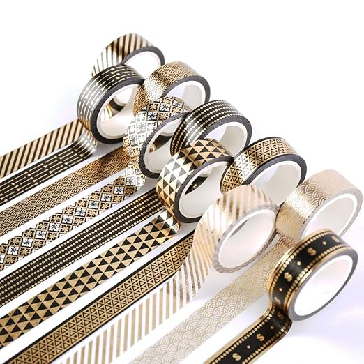 YUBBAEX 10 Rolls Washi Tape Set Black Gold Foil Print Decorative Tapes for Arts, DIY Crafts, Bullet Journals, Planners, Scrapbook, Wrapping (15mm) (Black Gold x 10 Rolls)