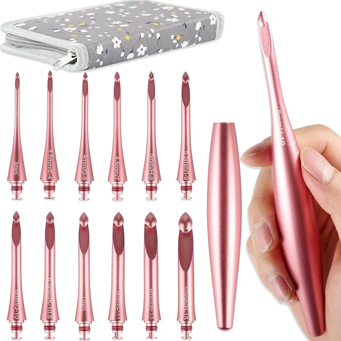Svartur Interchangeable Crochet Hook Set with 12 Hooks – Ergonomic Crochet Hooks Large Handle, US Sizes E-4 to N-15 (3mm–10mm), Smooth & Lightweight, Crochet Kit with Storage Case, Pink