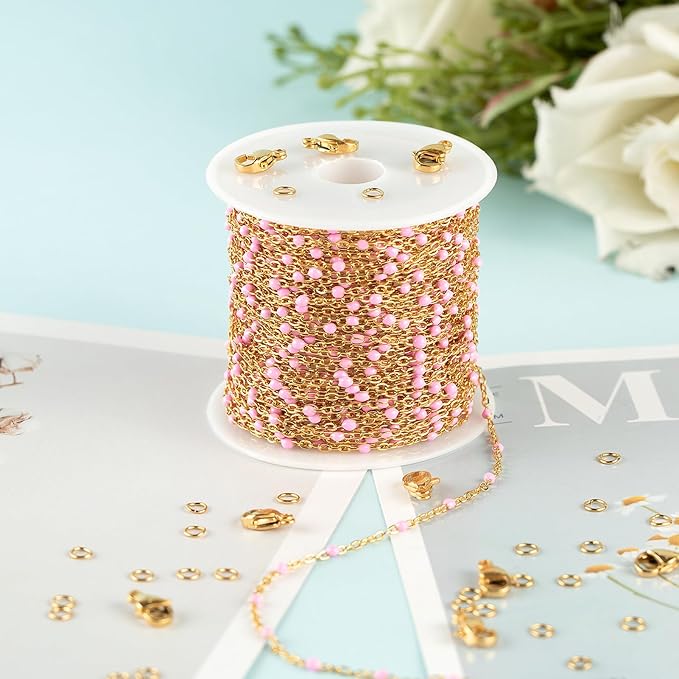 UMAOKANG 33 Feet Pink Bead Chain for Jewelry Making - Gold Plated Stainless Steel DIY Jewelry Supplies