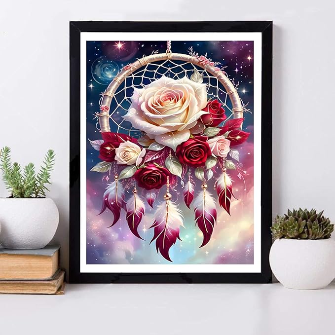 ijbnhd Rose Dream Catcher Diamond Painting Art Kit for Adults Rose Diamond Art Painting for Beginners Full Drill Round Gem Art Painting for Crafts Home Wall Decor Gift 12x16inch