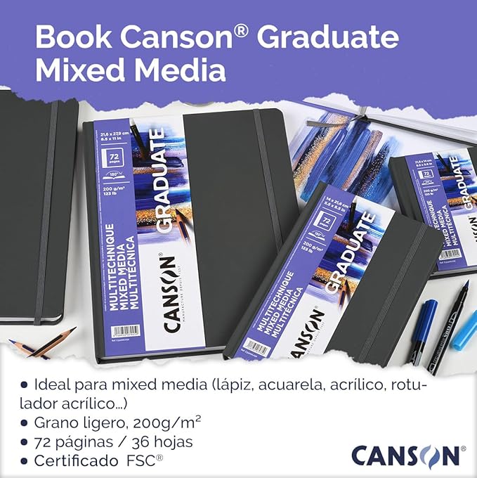Canson Graduate Mixed Media Paper, Hard Cover Art Journal, 8.5x5.5 inches, 36 Sheets — Artist Paper for Collage, Watercolor, Ink, Pencil, Marker