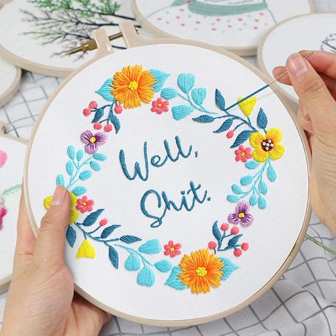 Louise Maelys Funny Embroidery Kit for Beginners,Adults Cross Stitch Kits with Flower Wreath Pattern,Needlepoint for Starters Including Cloth,Hoop,Instruction and Threads