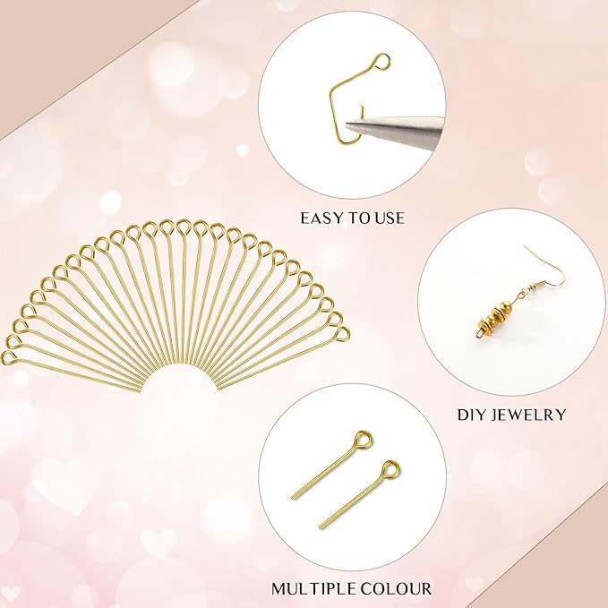Junkin 1400 Pcs Eye Pins Mix Jewelry Findings 0.63 * 0.79 * 1.18 in Open Eye Head Pins Findings for Jewelry Making DIY Necklace Bracelets(Retro Gold)
