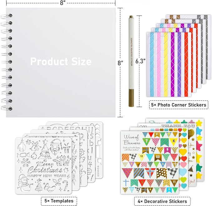 GOTIDEAL 8 x 8 Inch Scrapbook Album with Metallic Markers,40 Pages Kraft Paper Photo Albums for Wedding&Anniversary,Family DIY Scrap Books with Scrapbooking Stickers Corners（White）