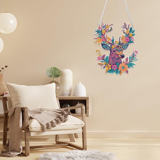 RICUVED Hanging Diamond Art Kit for Adults, Deer Special Shaped Crystal Gem Craft Flowers Diamond Painting Pendant Kit for Beginners, DIY Hanging Acrylic Art Ornament for Home Garden Wall Decor